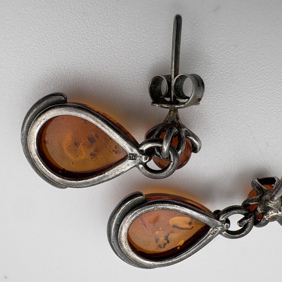 Sterling Silver Amber Teardrop Dangle Earrings Post Drop Pierced Vintage - Picture 7 of 9